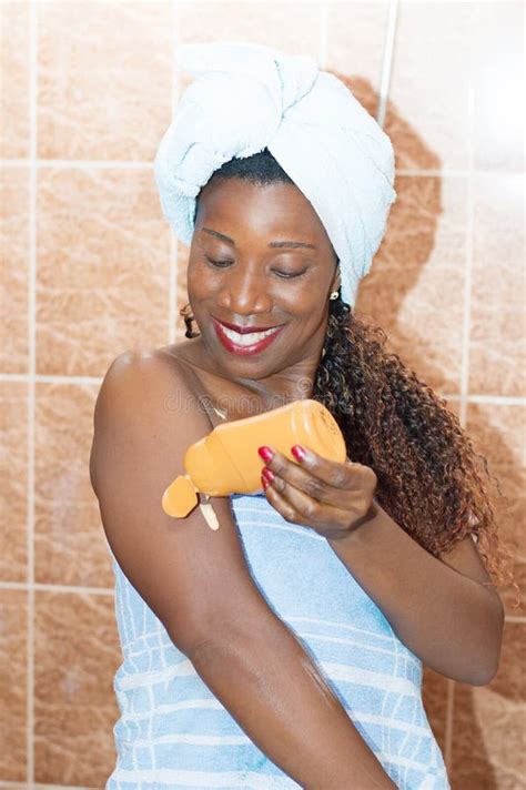 Young Woman Applying Body Lotion After Bath Stock Image Image Of