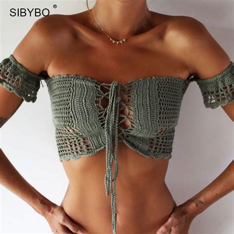 Sibybo Sexy Lace Crop Top 2017 Summer Off Shoulder White Lace Crochet Women Brandy Melville