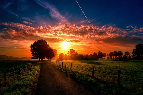 Download 1920x1080 Field Sunrise Path Clouds Sky Wallpapers For
