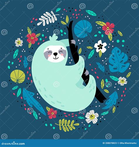 Sloth In Various Tropical Leaves And Flowers Stock Vector