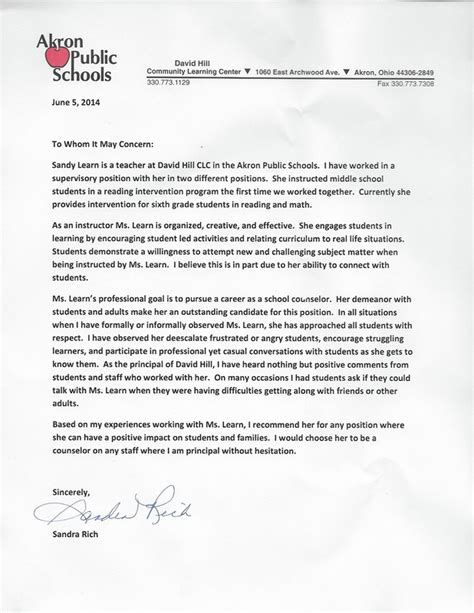 Recommendation Letters Sandra Learn Licensed Professional School