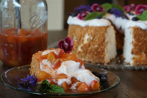 Combine 1/2 cup of the sugar with the flour and sift them together 4 times. Almond Angel Food Cake with Whiskey Brown Sugar Peaches — Simmer•Eat•Live Well | Angel food ...