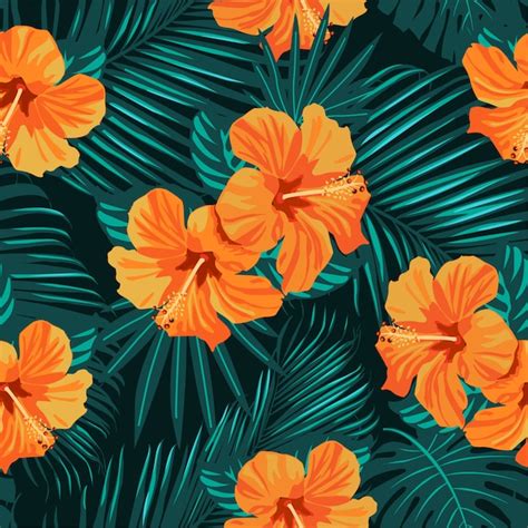 Premium Vector Tropical Flowers And Palm Leaves Seamless Pattern