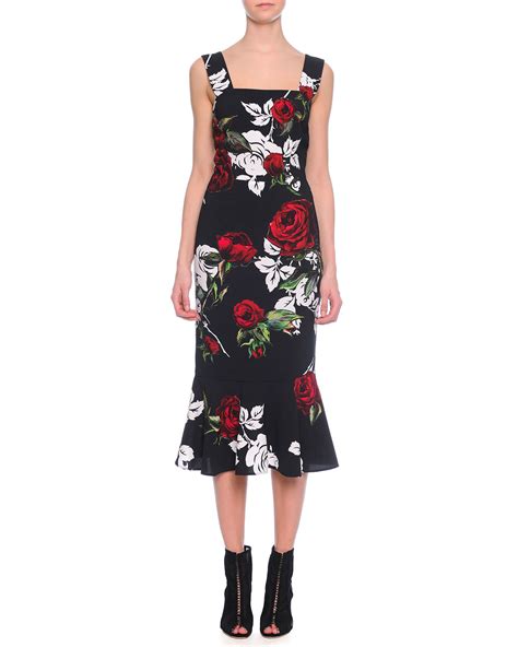 Dolce And Gabbana Square Neck Rose Print Flounce Dress Pradux