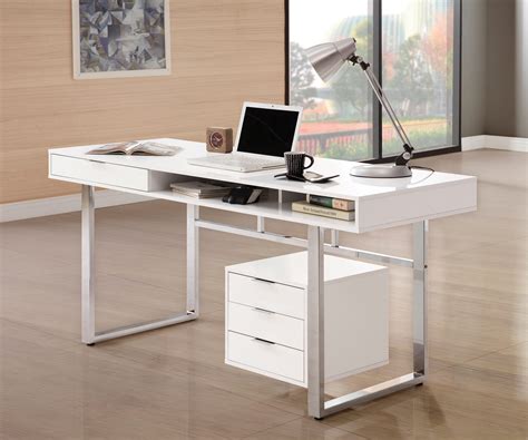 Modern Wood Computer Writing Desk With 4 Drawers White Finish
