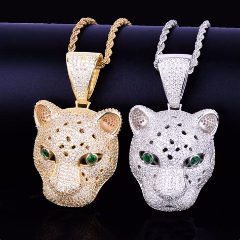 Animal Leopard Head Pendant Necklaces Gold Color Bling Cubic Zircon Men