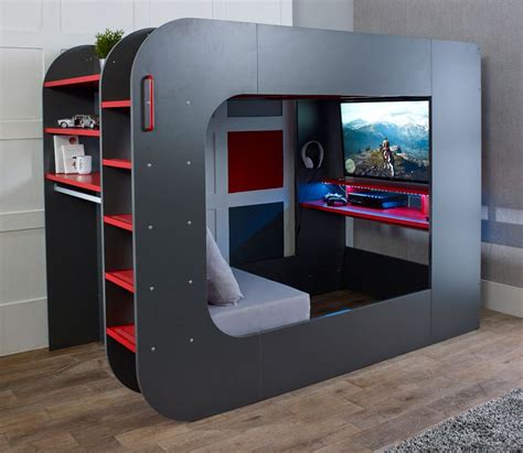 Podbed Grey And Red Gaming High Sleeper With Grey Sofa Eu Small Double Gaming Bed Pod Bed