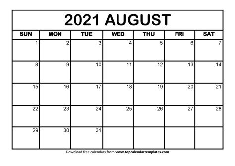Free August 2021 Calendar Printable Blank Templates