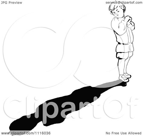 Clipart Retro Vintage Black And White Boy Looking Back At His Shadow