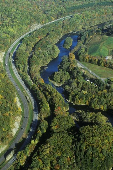 Aerial View Of Woods Near Stowe Vt With River On Scenic Route 100 In