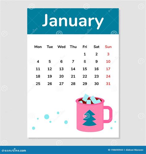 Hoja Del Calendario De Enero De 2021 Con Ilustración De Taza Vector