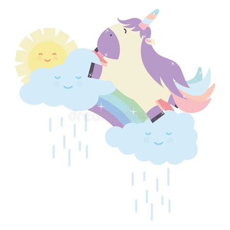Cute Unicorn In Rainbow With Clouds And Sun Kawaii Characters Stock