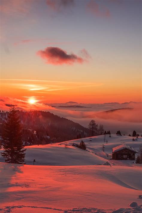 Red And Orange Sunset In The Mountains Winter Scenery Sky Aesthetic