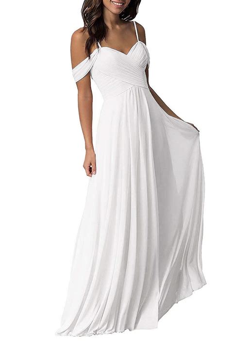 Okaybridal Womens Off Shoulder Chiffon Bridesmaid Dresses White Long Formal Spaghetti Straps