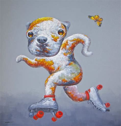 Wang Zhiwu Happy Hound Acrylic And Oil On Canvas 55 X 55 Russell