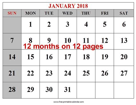12 Month 2018 Calendar Large Dates Landscape Layout Sunday First