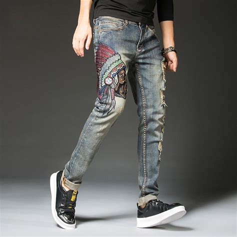 2020 2020 Mens Vintage Stretch Ripped Jeans Autumn Fashion Blue Embroidered Indian Holes Denim