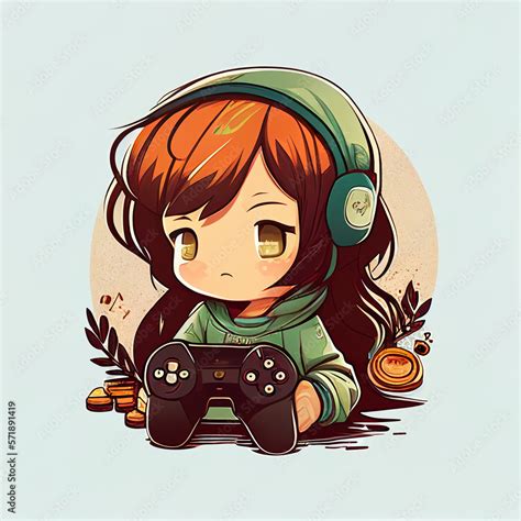 Chibi Gamer Girl Cute Kawaii Gamer Girl Illustration Icon Graphic