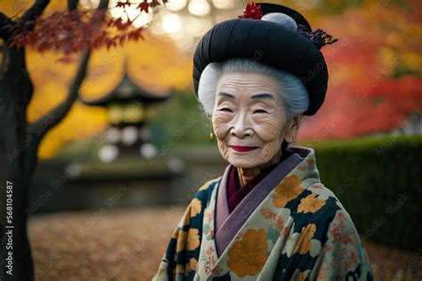 An Old Japanese Woman Dressed In The Traditional Geisha Style Wearing A Kimono With A Floral