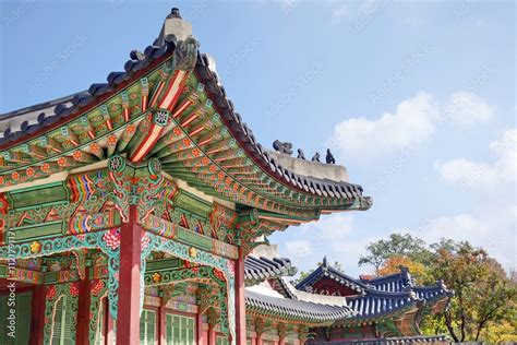Korean Traditional Architecture Roof Detail Of Palace In Seoul These