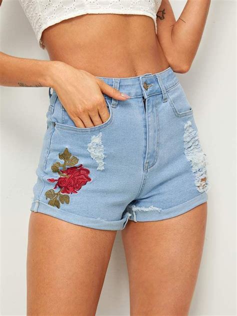 Shein Ripped Rolled Hem Floral Embroidered Denim Shorts Denim Shorts Embroidered Denim