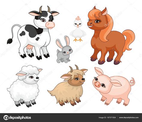 Image Cute Farm Animals Cartoon Style Childrens Illustration Vector Set