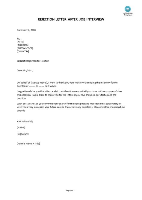 Rejection Letter Following Job Interview Templates At