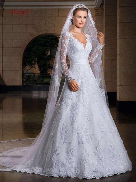 Vivians Bridal 2018 Deep V Neck Long Sleeve Wedding Dress Lace