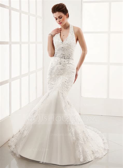 Trumpetmermaid Halter Chapel Train Tulle Wedding Dress With Lace
