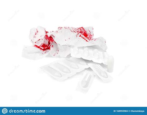 Sheets Of Toilet Paper With Blood And Suppositories On Background