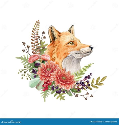 Fox Portrait Flower Arrangement Watercolor Illustration Wild Cute Red