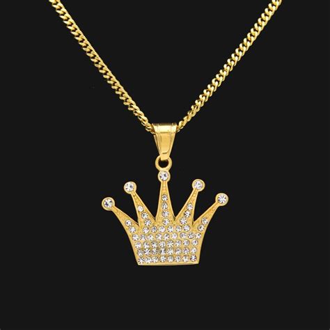 Stainless Steel Iced Out Gold Color Crown Pendant Necklace 60cm Cuban Link Chain Hip Hop