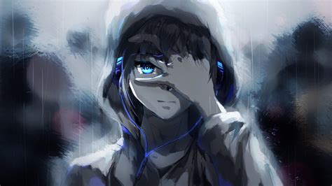 Wallpaper Headphones Blue Eyes Painting Anime Boy Hoodie