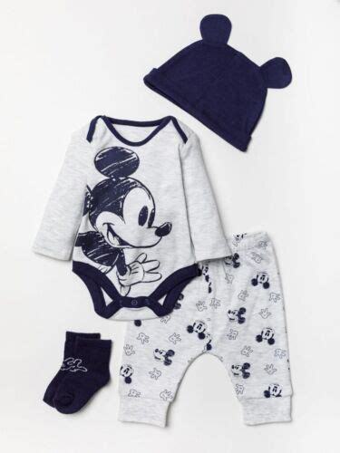 Baby Boys Mickey Mouse 4 Piece Layette Set 3 6 Months Grey And Navy Ebay