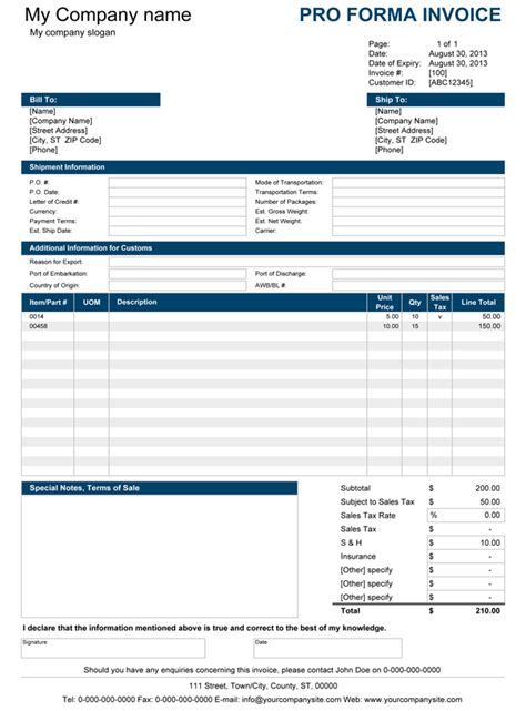 Sample Proforma Invoice Excel Template Excel Templates