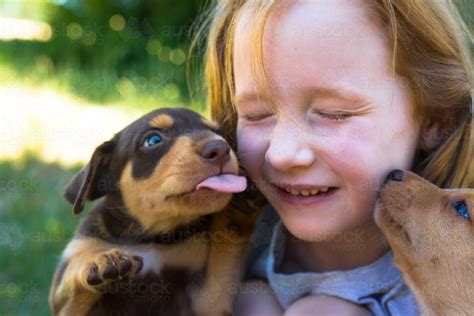 Image Of Girl With Puppies Getting Licked And Laughing Austockphoto