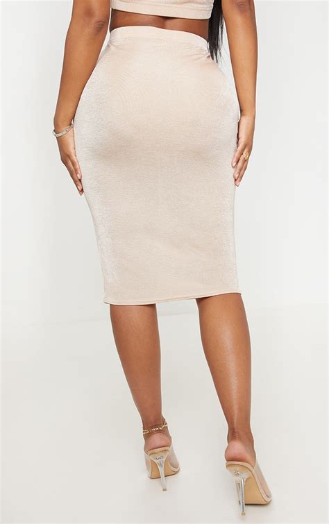 Shape High Waisted Nude Slinky Midi Skirt Curve Prettylittlething