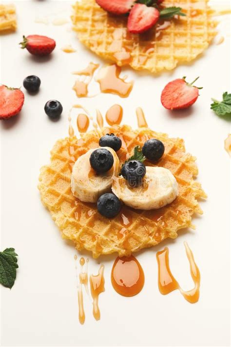 Round Waffles With Fruits Tasty Breakfast Background Stock Photo