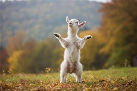Premium Ai Image A White Goat Standing On Its Hind Legs In A Field