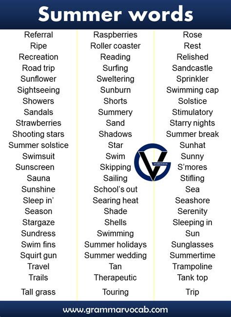 List Of Summer Words Grammarvocab