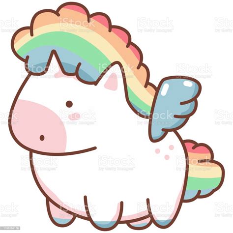 Cute Kawaii Unicorn With Rainbow Hair And Angel Wings Vector Cartoon