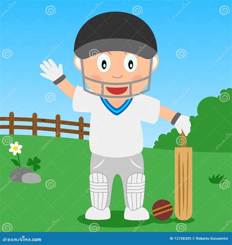 Cute Boy Playing Cricket In The Park Vector Illustration
