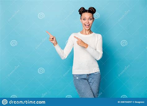 Photo Of Excited Lady Direct Fingers Empty Space Open Mouth Wear White