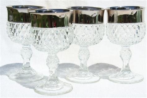 Vintage Silver Band Diamond Point Pattern Indiana Glass Water Goblets Or Wine Glasses