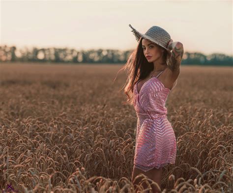 Model Dress Field Depth Of Field Girl Hat Summer Woman Wheat