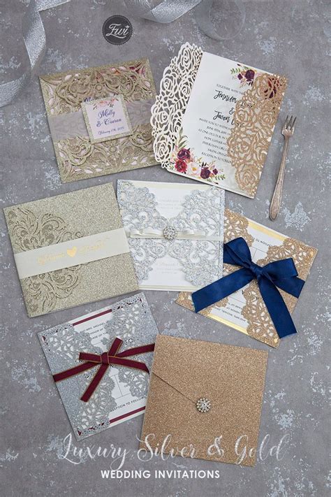 Luxurious Glitter Silver And Gold Laser Cut Wedding Invitations Rose