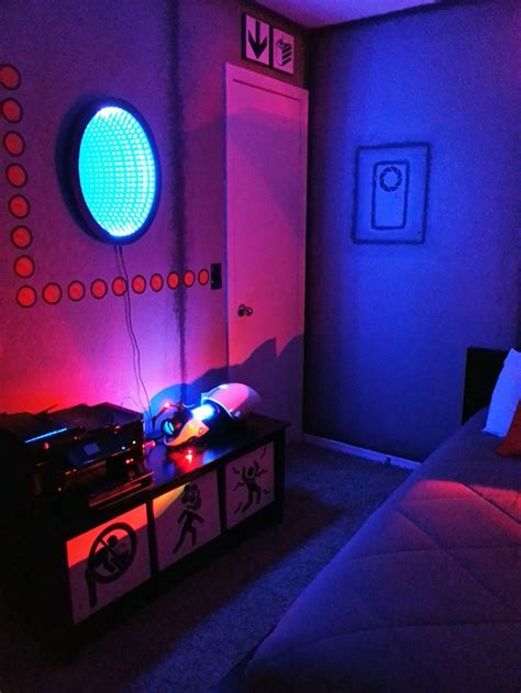 A Bedroom With Purple And Blue Lights On The Walls