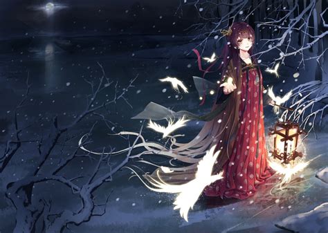 Wallpaper Anime Girl Chinese Traditional Clothes Birds Brown Hair