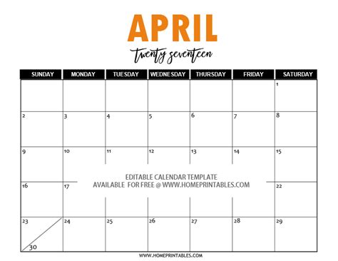 Editable April 2017 Calendar Home Printables