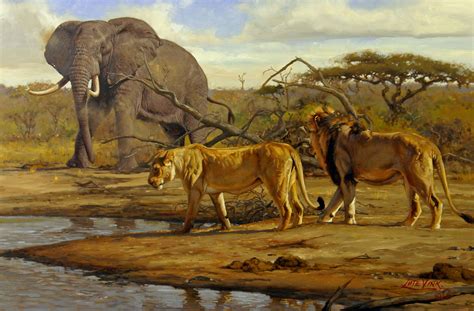 Two Lions And An Elephant Standing In Front Of A Body Of Water